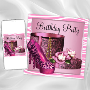Leopard High Heel Shoes Pink Zebra Birthday Party Invitation