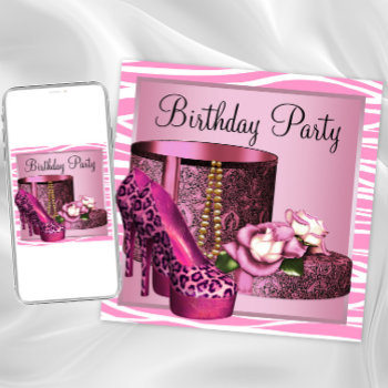 Leopard High Heel Shoes Pink Zebra Birthday Party Invitation by Champagne_N_Caviar at Zazzle