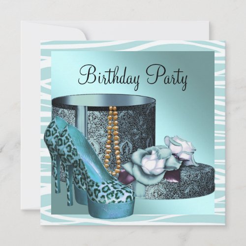 Leopard High Heel Shoes Teal Blue Birthday Party Invitation
