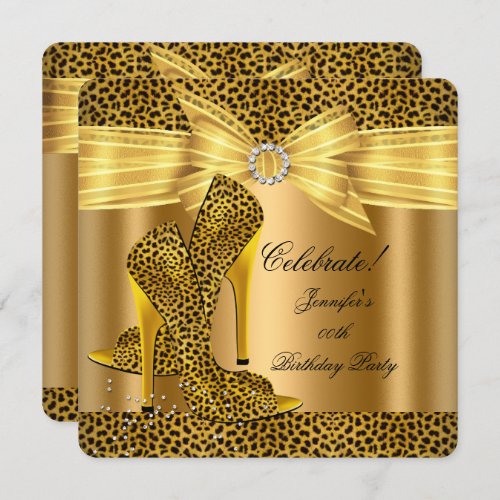 Leopard High Heels Shoes Gold Birthday Party Invitation