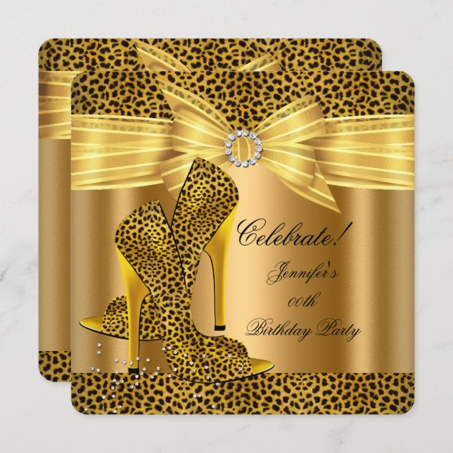 Leopard High Heels Shoes Gold Birthday Party Invitation (Front/Back)