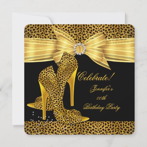Leopard High Heels Shoes Gold Black Birthday Party Invitation