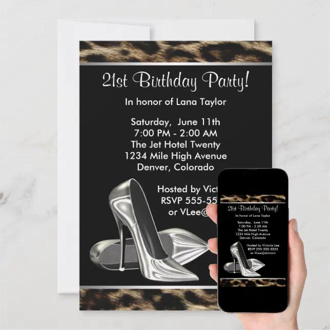 Leopard High Heels Womans 21st Birthday Party Invitation Zazzle