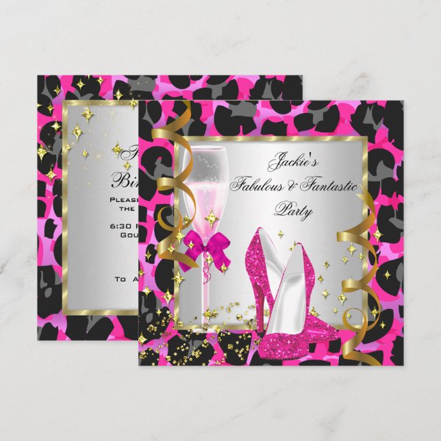 Leopard Hot Pink Black Silver Birthday Party Invitation (Front/Back)
