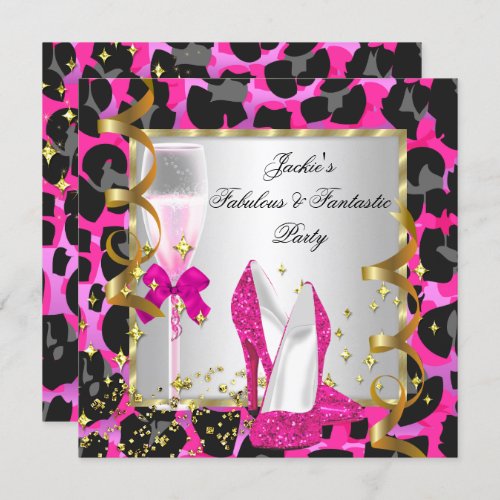 Leopard Hot Pink Black Silver Birthday Party Invitation