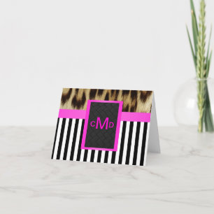 Leopard Hot Pink Black White Stripe Monogram Thank You Card