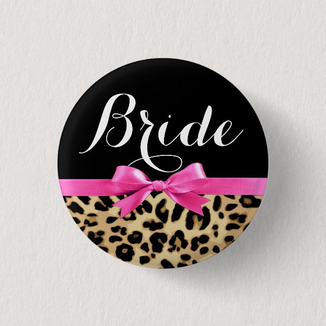 Leopard Hot Pink Bow Bride Wedding Button (Front)