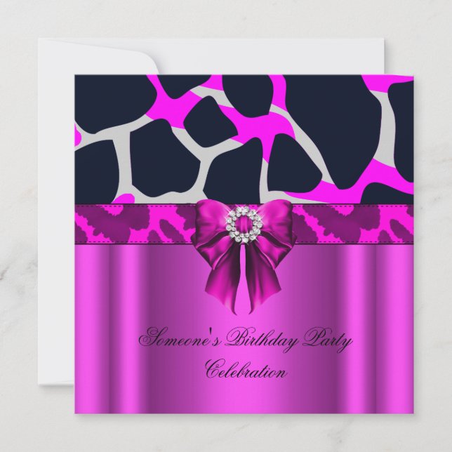 Leopard Hot Pink Bow Diamonds Animal Print Invitation (Front)