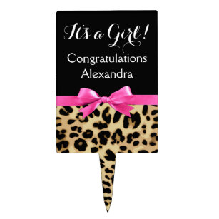Leopard Hot Pink Bow Its a Girl Safari Baby Shower Cake Topper