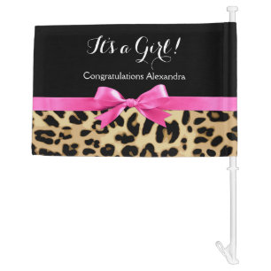 Leopard Hot Pink Bow Its a Girl Safari Baby Shower Car Flag