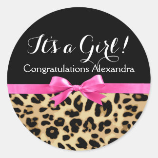Leopard Hot Pink Bow Its a Girl Safari Baby Shower Classic Round Sticker