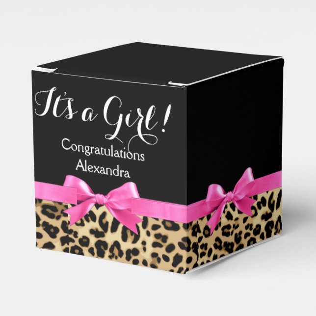 Leopard Hot Pink Bow Its a Girl Safari Baby Shower Favor Boxes (Front Side)