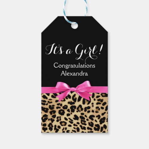 Leopard Hot Pink Bow Its a Girl Safari Baby Shower Gift Tags