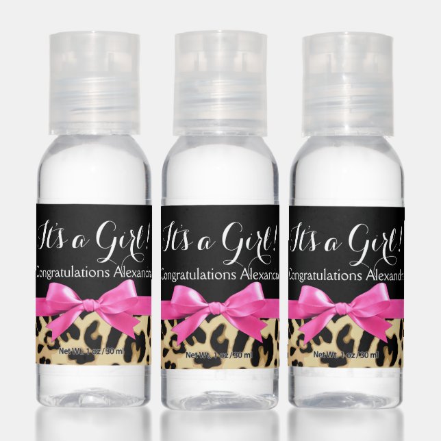 Leopard Hot Pink Bow Its a Girl Safari Baby Shower Hand Sanitizer (Set)
