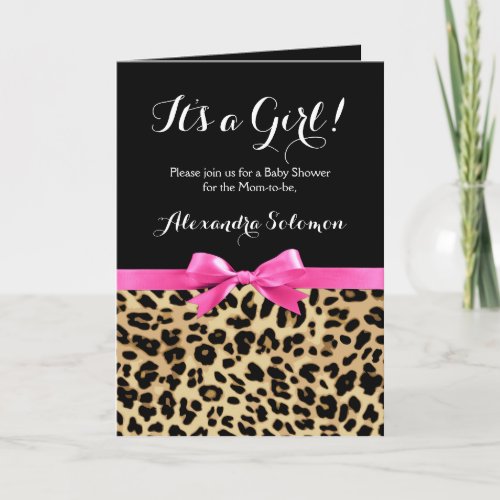 Leopard Hot Pink Bow Its a Girl Safari Baby Shower Invitation