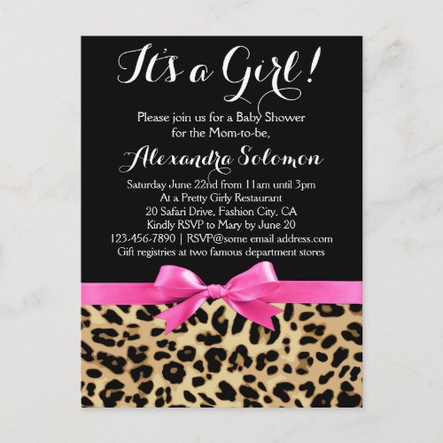Leopard Hot Pink Bow Its a Girl Safari Baby Shower Invitation Postcard