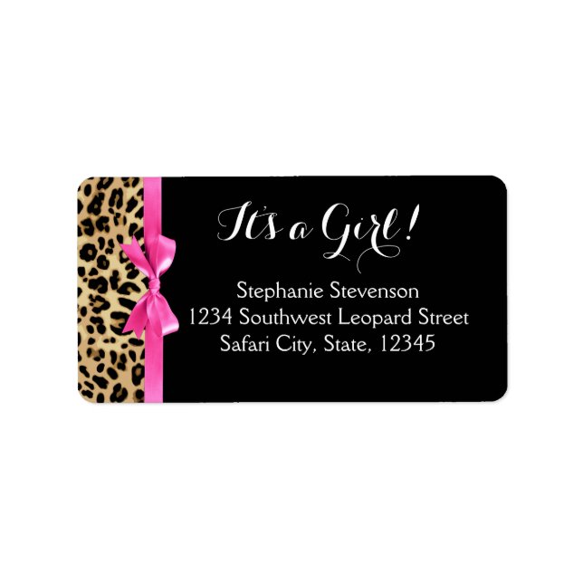 Leopard Hot Pink Bow Its a Girl Safari Baby Shower Label (Front)