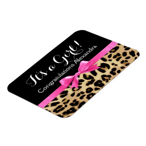 Leopard Hot Pink Bow Its a Girl Safari Baby Shower Magnet