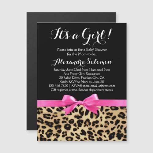 Leopard Hot Pink Bow Its a Girl Safari Baby Shower Magnetic Invitation