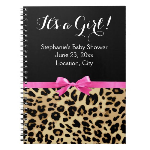 Leopard Hot Pink Bow Its a Girl Safari Baby Shower Notebook