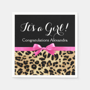 Leopard Hot Pink Bow Its a Girl Safari Baby Shower Paper Napkins