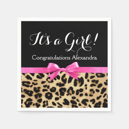 Leopard Hot Pink Bow Its a Girl Safari Baby Shower Paper Napkins