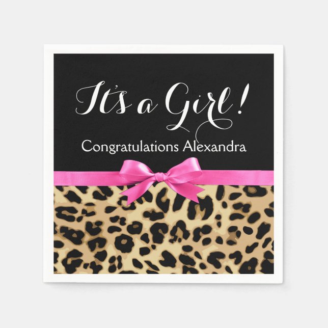 Leopard Hot Pink Bow Its a Girl Safari Baby Shower Paper Napkins (Front)