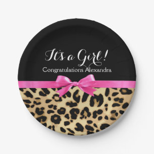 Leopard Hot Pink Bow Its a Girl Safari Baby Shower Paper Plates