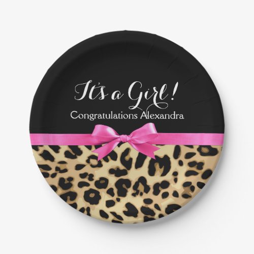 Leopard Hot Pink Bow Its a Girl Safari Baby Shower Paper Plates