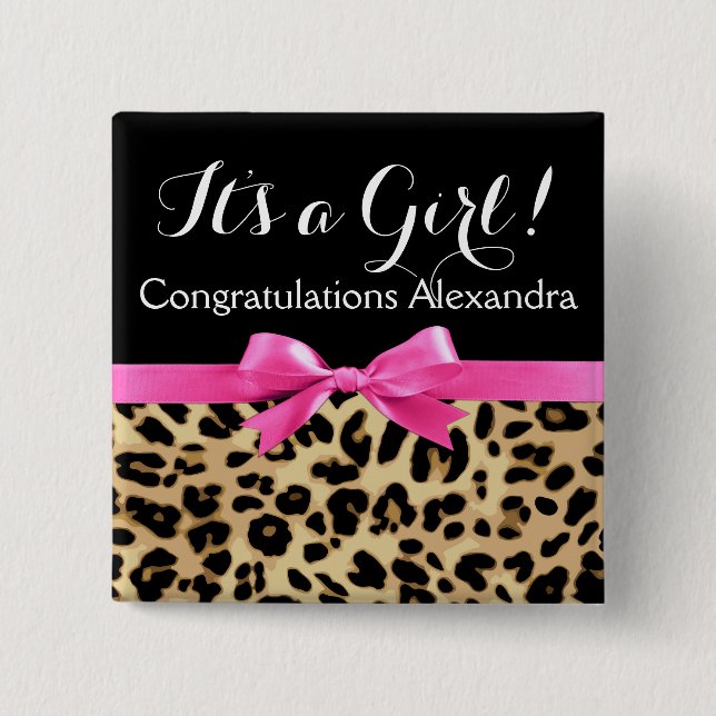 Leopard Hot Pink Bow Its a Girl Safari Baby Shower Pinback Button (Front)