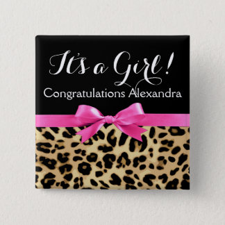 Leopard Hot Pink Bow Its a Girl Safari Baby Shower Pinback Button