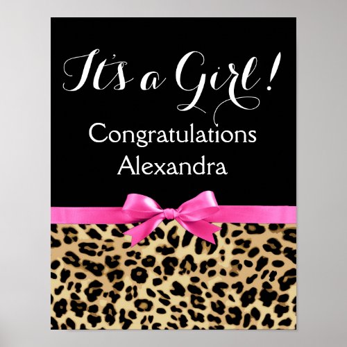 Leopard Hot Pink Bow Its a Girl Safari Baby Shower Poster