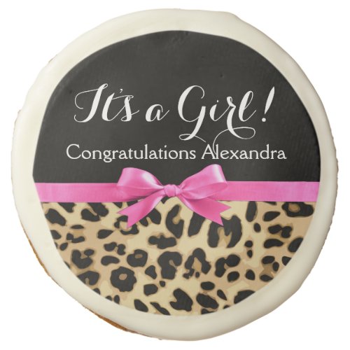 Leopard Hot Pink Bow Its a Girl Safari Baby Shower Sugar Cookie