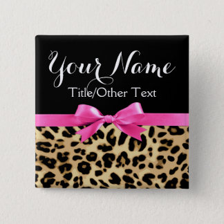 Leopard Hot Pink Bow Personalized Name Tag Button