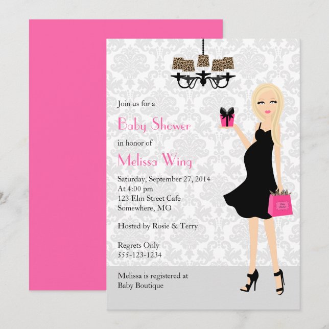 Leopard Hot Pink Pregnant Mom Baby Shower Invitation (Front/Back)