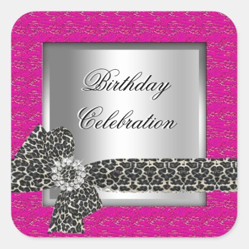Leopard Hot Pink silver Birthday Party Celebration Square Sticker