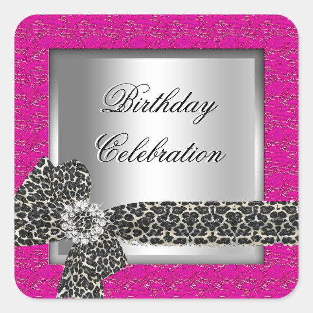 Leopard Hot Pink silver Birthday Party Celebration Square Sticker (Front)