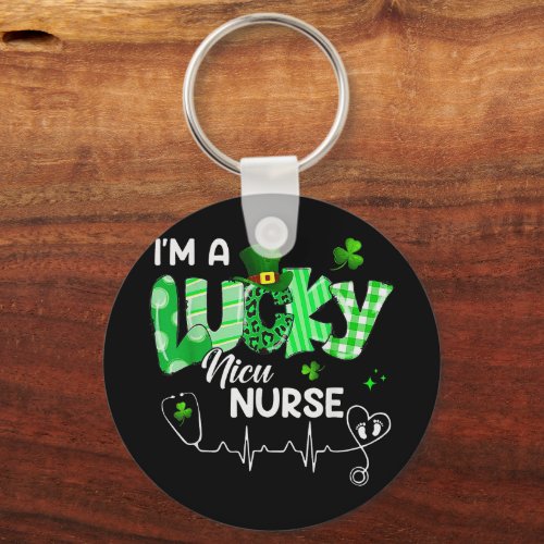 Leopard Im A Lucky NICU Nurse Plaid Irish Clovers Keychain