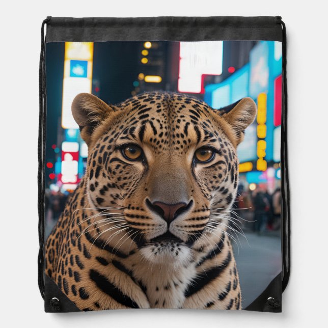 Leopard in Times Square Drawstring Bag (Front)