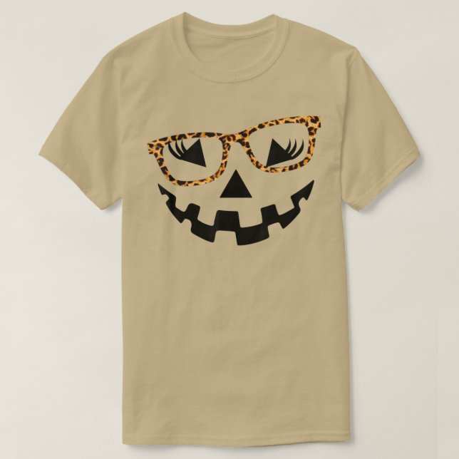 Leopard JackOLantern Face glasse Pumpkin Eyelashes T-Shirt (Design Front)