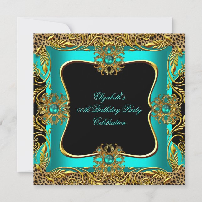 Leopard Jade Teal Gold Jewel Black Birthday Party Invitation (Front)