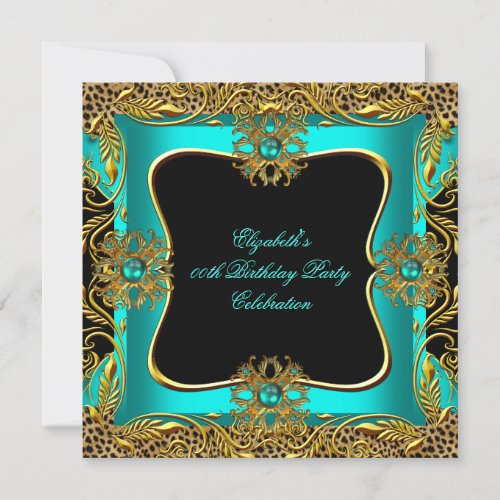 Leopard Jade Teal Gold Jewel Black Birthday Party Invitation