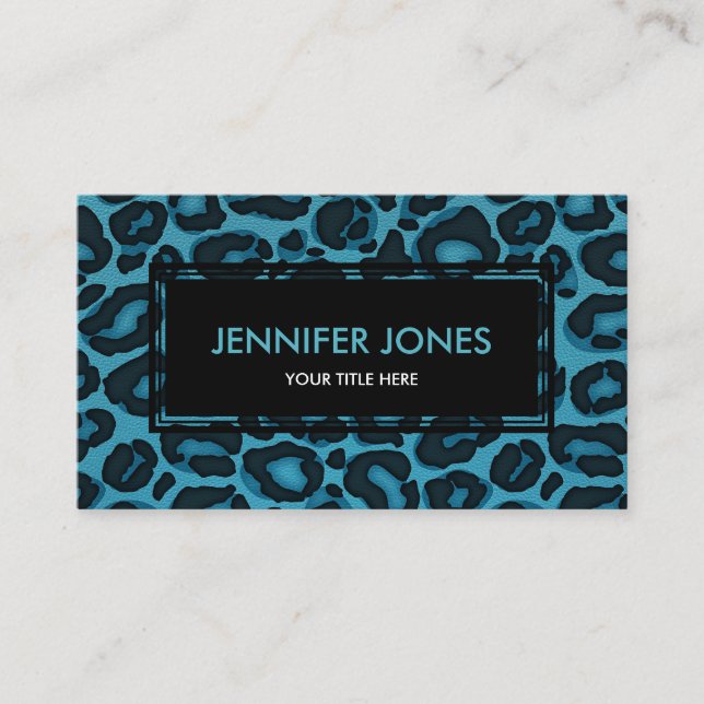 Leopard/ Jaguar print on Teal Blue Faux Leather Business Card (Front)