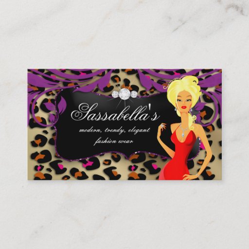 Customizable Leopard Jewelry Business Card Purple Swirls Blonde
