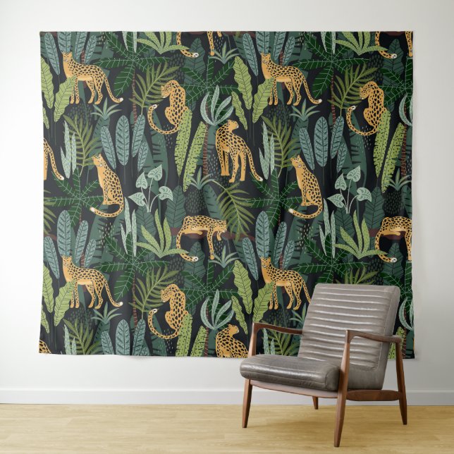 Leopard Jungle Forest Illustration Seamless Custom Tapestry (In Situ (Horizontal))