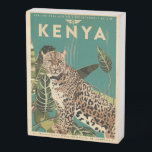 Leopard Kenya Travel  Wooden Box Sign<br><div class="desc">Unique Antique Style Aviation Travel poster from Kenya featuring a spotted Leopard or panther painting amongst tropical leaves on an deep Aqua blue background</div>