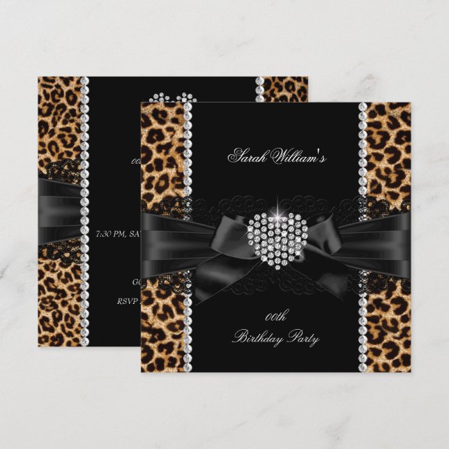 Leopard Lace Diamond Heart Birthday Party Invitation (Front/Back)