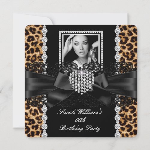 Leopard Lace Diamond Heart Photo Birthday Party 2 Invitation