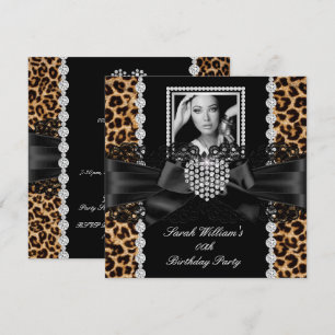 Leopard Lace Diamond Heart Photo Birthday Party 2 Invitation