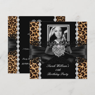 Leopard Lace Diamond Heart Photo Birthday Party 2 Invitation